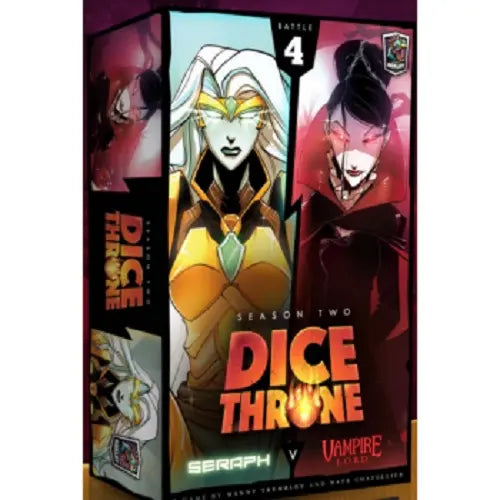 Dice Throne galda spēles kaste ar Seraph un Vampire Lord varoņu ilustrācijām uz melna fona.