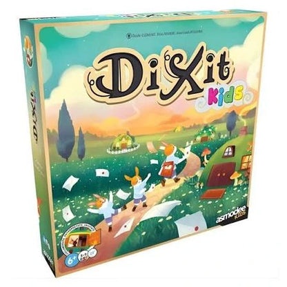 Dixit Kids galda spēles kaste ar krāsainu ilustrāciju, kurā zaķi skrien pa pļavu, piemērota bērniem no 6 gadu vecuma.