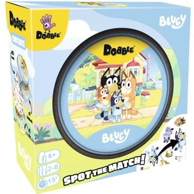 Dobble Bluey galda spēle zilā kartona iepakojumā ar apaļām spēļu kārtīm, kurās attēloti Bluey multfilmas tēli.