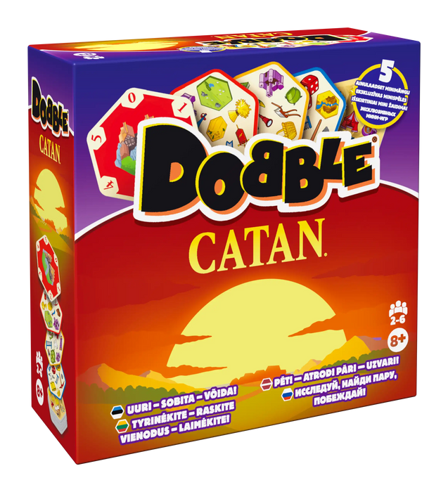 Dobble CATAN galda spēles kaste ar sešstūrainām kārtīm, kurās attēloti ikoniski Katanas salas simboli.