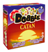 Dobble CATAN galda spēles kaste ar sešstūrainām kārtīm, kurās attēloti ikoniski Katanas salas simboli.