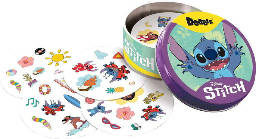 Dobble Stitch kāršu spēle ar apaļām kārtīm un Stitch tēlu uz metāla kārbiņas vāka.