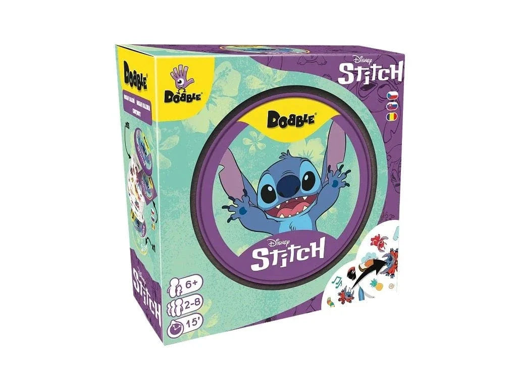Dobble Stitch kāršu spēle ar Disneja varoni uz violetas un tirkīzzilas kastes, piemērota 2-8 spēlētājiem no 6 gadu vecuma.