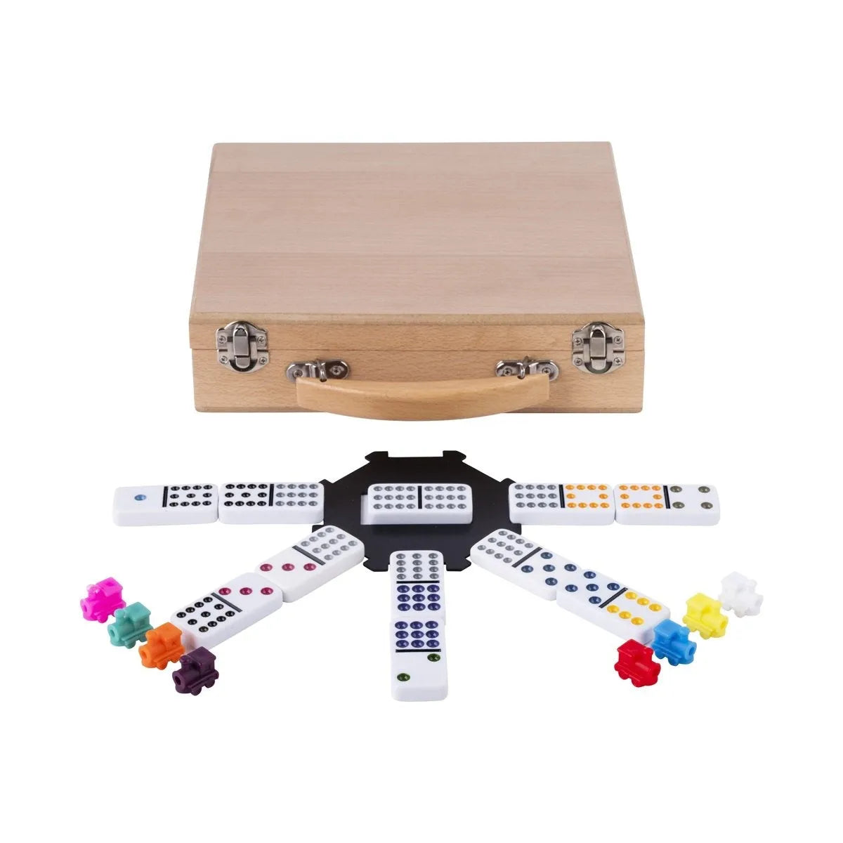 Meksikas vilciena domino komplekts ar krāsainām figūriņām un domino kauliņiem elegantā dižskābarža koka kastītē.