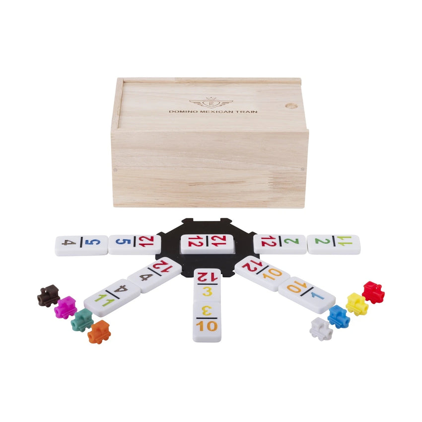 Domino Double 12 Numbers Mexican train in wooden chest