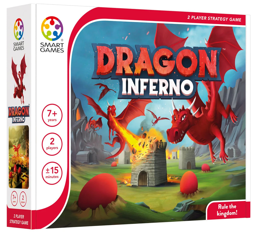 Smart Games Dragon Inferno galda spēles kaste ar sarkanu pūķu ilustrāciju, stratēģijas spēle diviem spēlētājiem no 7 gadu vecuma.