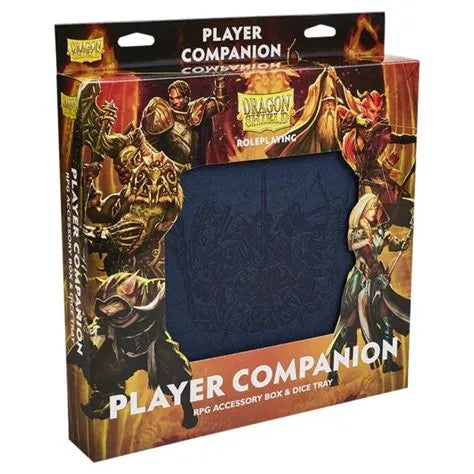 Midnight Blue Dragon Shield Player Companion kārba ar kauliņu paplāti RPG spēlēm un fantāzijas ilustrācijām.