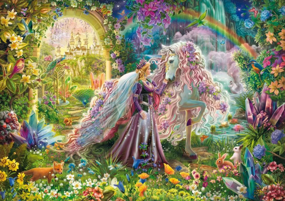 Krāsaina puzle ar princesi un vienradzi maģiskā dārzā, pilnā ar ziediem, kristāliem, varavīksni un pasaku pils motīvu.
