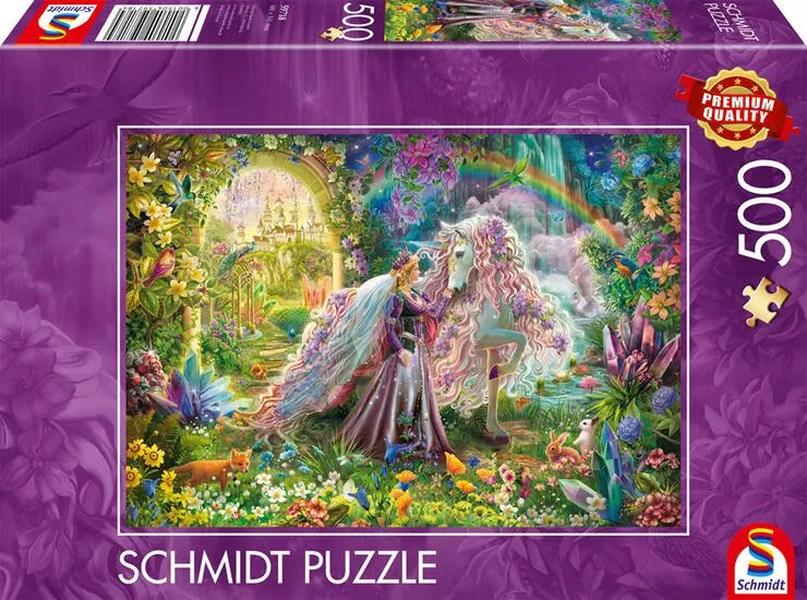 Schmidt 500 gabalu puzle ar krāsainu pasaku dārzu, princesi un vienradzi uz violetas kastes fona.