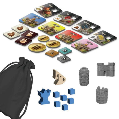 Dungeons & Dragons Builders of Baldur's Gate galda spēles komponenti: kartona flīzes, zelta žetoni, figūriņas un melns auduma maisiņš.