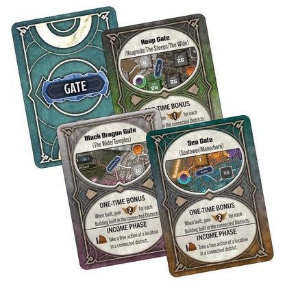 Dungeons & Dragons Builders of Baldur's Gate galda spēles kārtis ar vārtu attēliem, kartes dizainu un bonusa punktu aprakstiem.