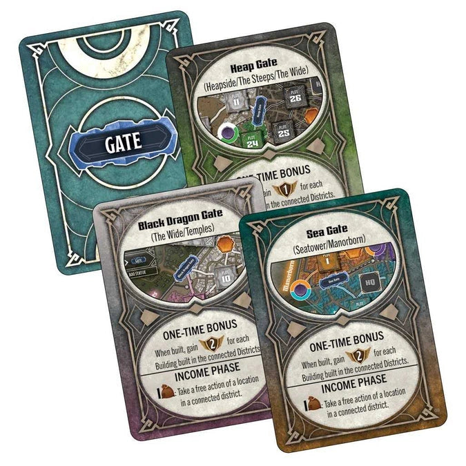 Dungeons & Dragons Builders of Baldur's Gate galda spēles kārtis ar vārtu attēliem, kartes dizainu un bonusa punktu aprakstiem.