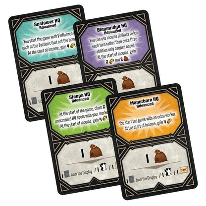 Četras krāsainas Dungeons & Dragons galda spēles kārtis ar HQ aprakstiem, zelta, zaļā, violetā un tirkīza toņos.