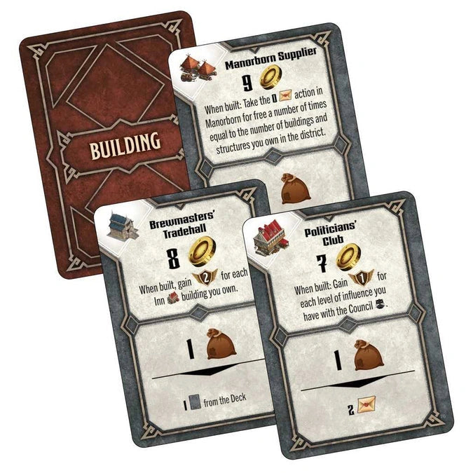 Dungeons & Dragons Builders of Baldur's Gate galda spēles kārtis ar ēku ilustrācijām, zelta monētām un spēles resursu ikonām.