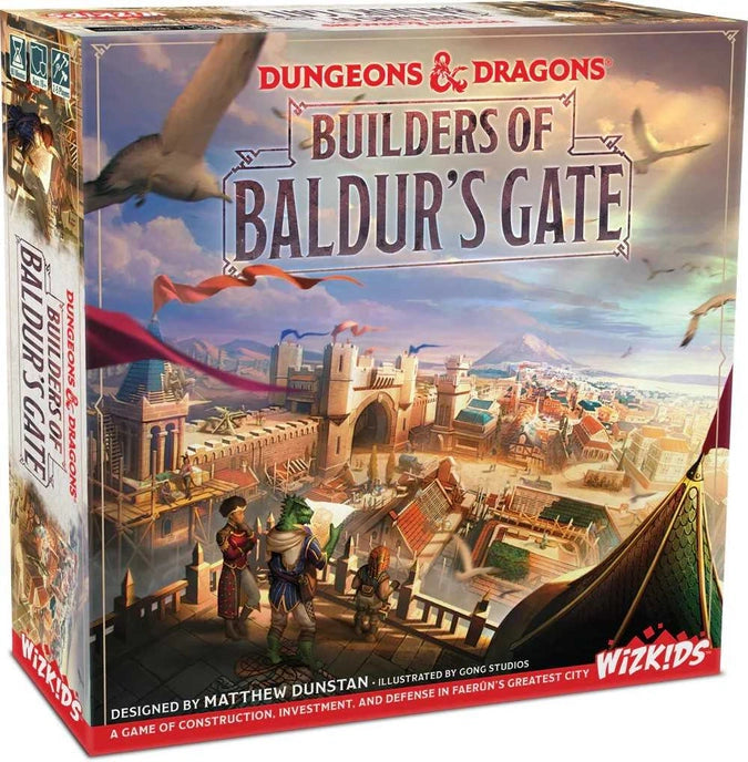 Dungeons & Dragons Builders of Baldur's Gate galda spēles kaste ar pilsētas celtniecības ilustrāciju un varoņiem.