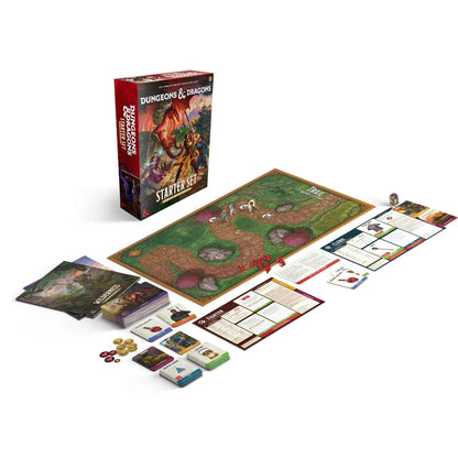 Dungeons & Dragons sākuma komplekts ar spēles laukumu, varoņu kartēm, žetoniem un sarkanu kauliņu komplektu uz balta fona.