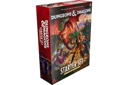 Dungeons & Dragons Starter Set kaste ar sarkanu pūķi un varoņu ilustrācijām uz tumša fona.