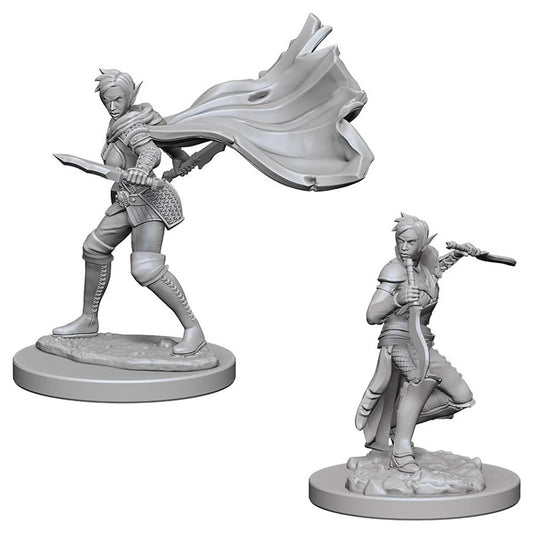 Nekrāsota plastmasas elfa rogas miniatūra ar diviem dunčiem un plīvojošu apmetni galda spēlei Pathfinder.