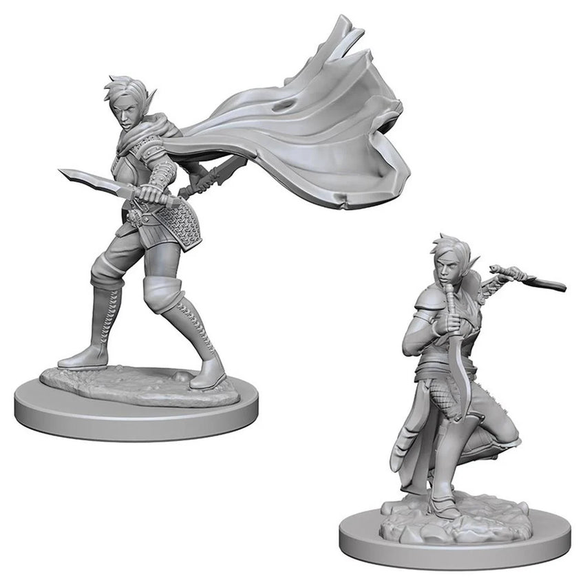 Nekrāsota plastmasas elfa rogas miniatūra ar diviem dunčiem un plīvojošu apmetni galda spēlei Pathfinder.