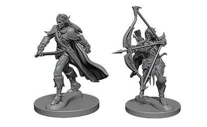 Pelēkas plastmasas elfa cīnītāja miniatūras ar zobenu un loku galda spēlei Pathfinder Deep Cuts.