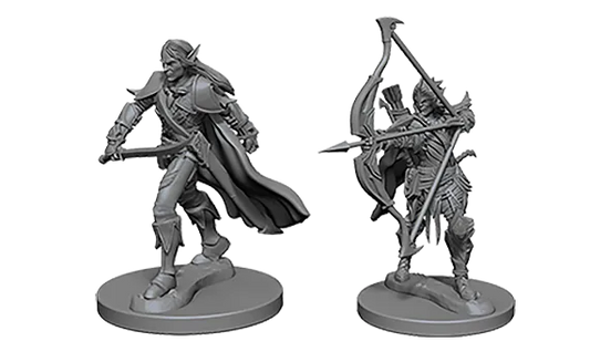 Pelēkas plastmasas elfa cīnītāja miniatūras ar zobenu un loku galda spēlei Pathfinder Deep Cuts.