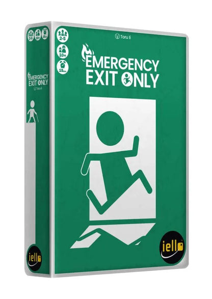 Galda spēle Emergency Exit Only zaļā kastē ar baltu avārijas izejas simbolu un spēles informāciju uz sāniem.