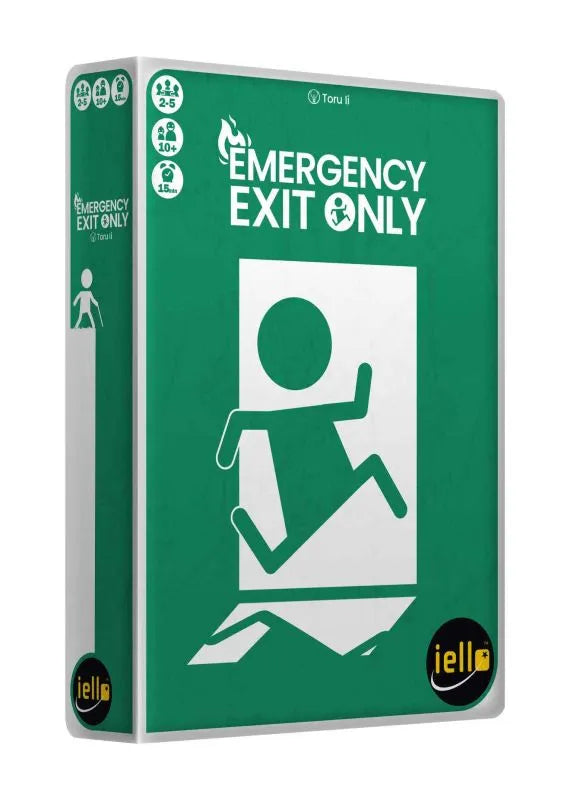 Galda spēle Emergency Exit Only zaļā kastē ar baltu avārijas izejas simbolu un spēles informāciju uz sāniem.