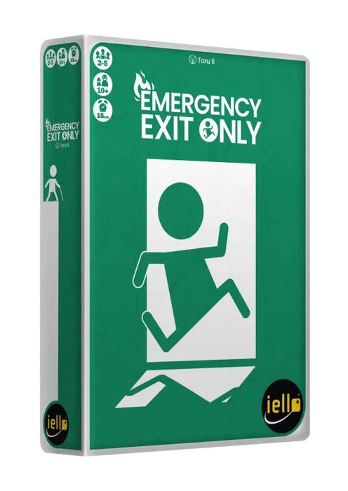 Galda spēle Emergency Exit Only zaļā kastē ar baltu avārijas izejas simbolu un spēles informāciju uz sāniem.