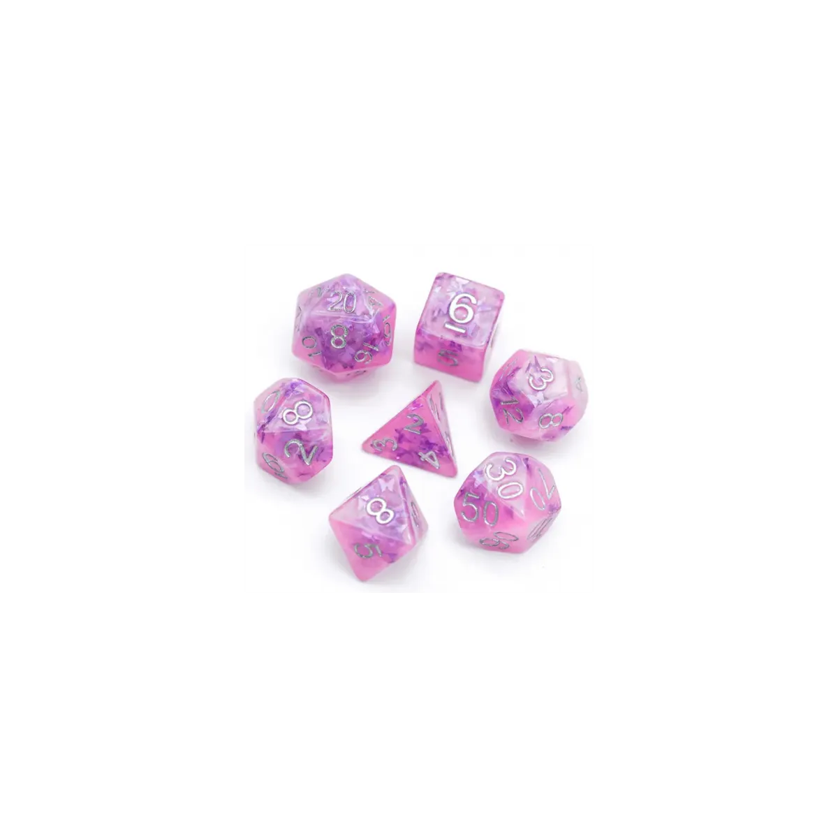 Set of 7 Pink Resin Dice with butterflies