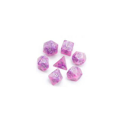 Set of 7 Pink Resin Dice with butterflies