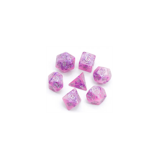 Set of 7 Pink Resin Dice with butterflies