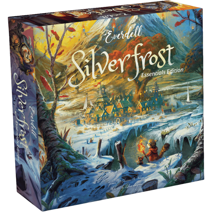 Everdell Silverfrost Essentials Edition galda spēles kaste ar ziemīgu ilustrāciju un mazu dzīvnieciņu ar lāpu sniegā.