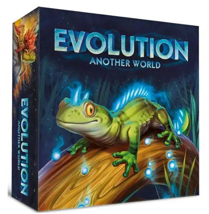 Galda spēles Evolution Another World kaste ar košu, zaļu ķirzaku uz koka stumbra tumšā, maģiskā meža fonā.