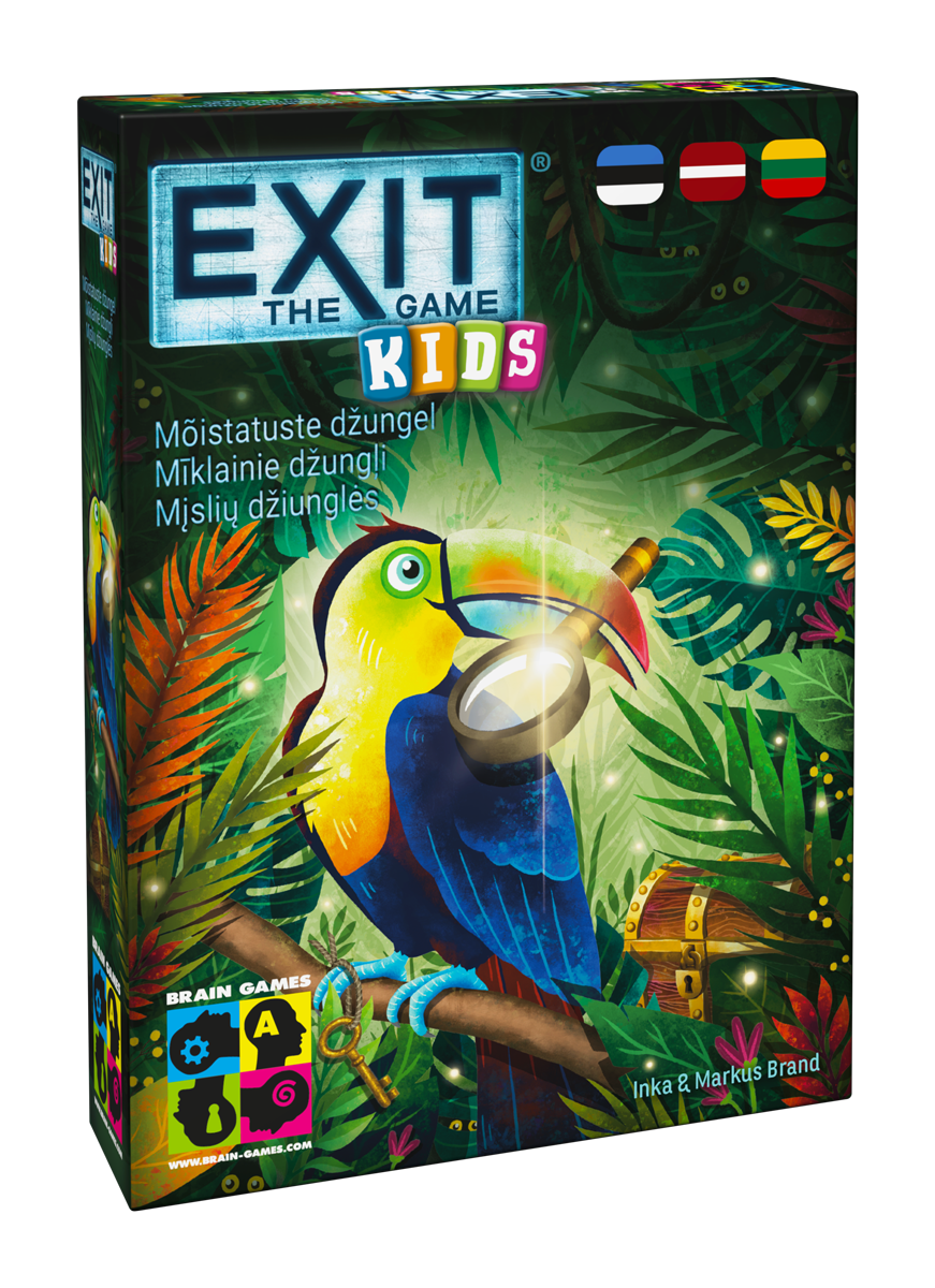 EXIT Kids: Mīklainie džungļi galda spēles kaste ar krāsainu tukānu, palielināmo stiklu un dārgumu lādi džungļu fonā.