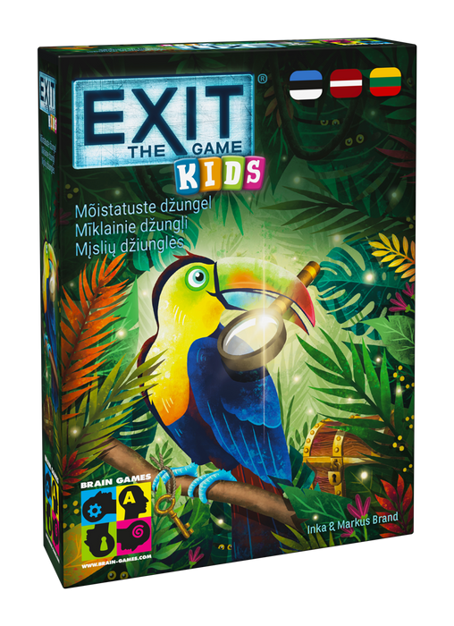 EXIT Kids: Mīklainie džungļi galda spēles kaste ar krāsainu tukānu, palielināmo stiklu un dārgumu lādi džungļu fonā.