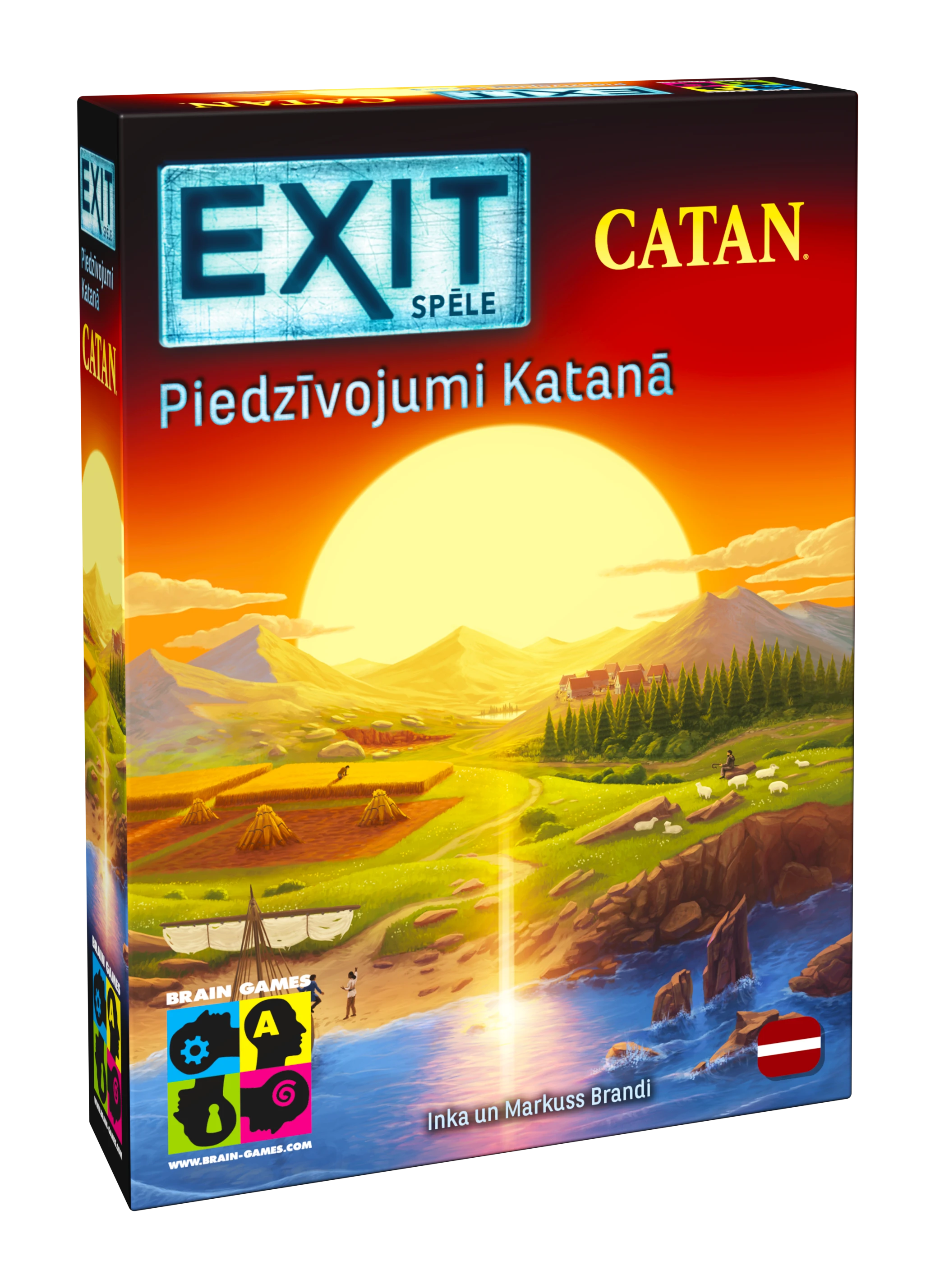 EXIT: Piedzīvojumi Katanā galda spēles kaste ar saulrieta ainavu, kalniem un Katanas salas ilustrāciju uz melna fona.