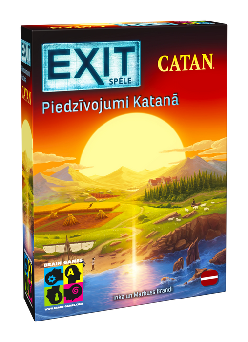 EXIT: Piedzīvojumi Katanā galda spēles kaste ar saulrieta ainavu, kalniem un Katanas salas ilustrāciju uz melna fona.