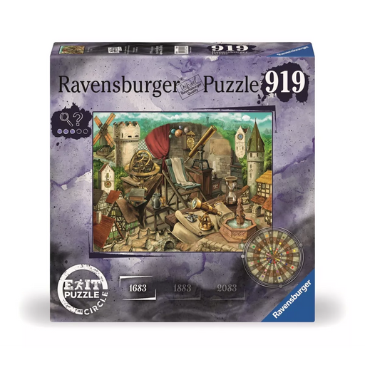 Ravensburger EXIT 919 detaļu puzle Anno 1683 ar vēsturisku pilsētas un zinātnes instrumentu ilustrāciju.