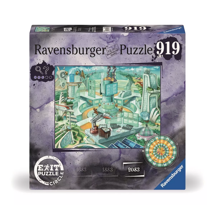 Ravensburger EXIT 919 detaļu puzle Anno 2083 ar futūristisku pilsētas dizainu un apaļu mīklu elementu uz kastes.