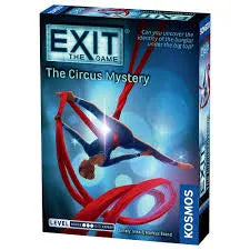 EXIT: The Circus Mystery galda spēles kaste ar akrobāti uz sarkaniem audumiem uz zila fona.