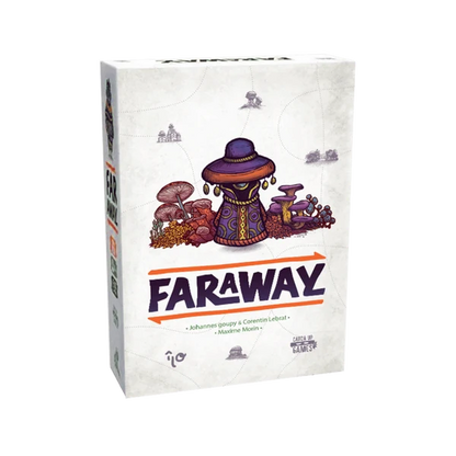 Galda spēles Faraway kaste ar ilustrētu tēlu, sēnēm un kartes motīviem uz balta fona.