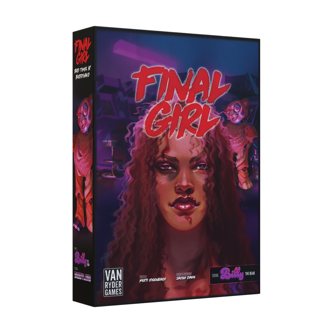 Final Girl Bad Times at Buddyland galda spēles kaste ar šausmu tematikas ilustrāciju un biedējošu lāci.