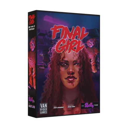 Final Girl Bad Times at Buddyland galda spēles kaste ar šausmu tematikas ilustrāciju un biedējošu lāci.