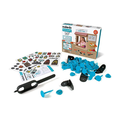 Makedo Find & Make Shop radošais komplekts ar ziliem stiprinājumiem, melnu zāģīti, eņģēm un uzlīmēm kartona veikala izveidei.