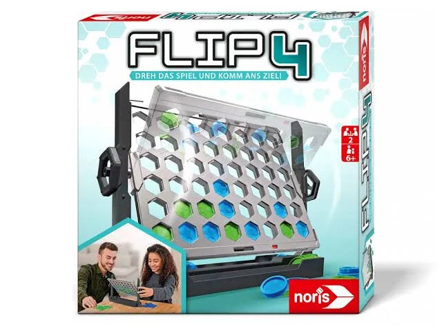 Galda spēle Flip4 ar rotējošu spēles laukumu, caurspīdīgiem ziliem un zaļiem žetoniem un melnu plastmasas rāmi.