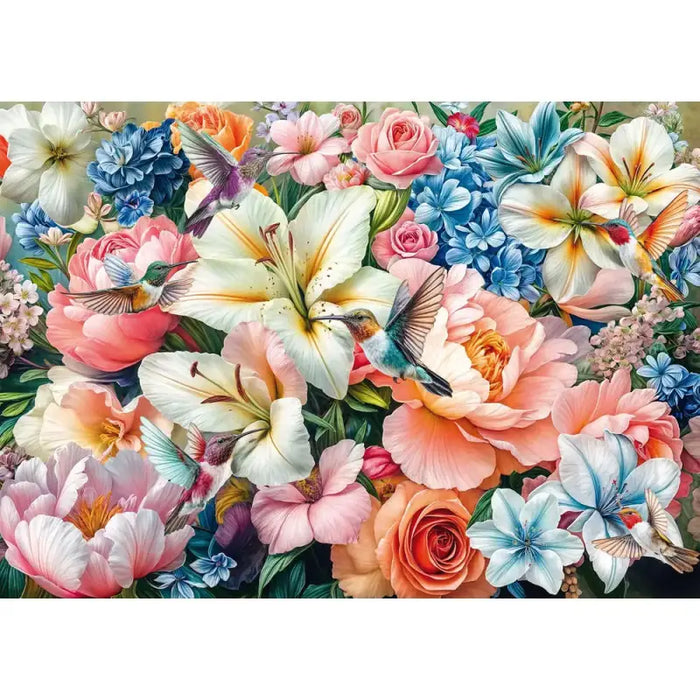 Schmidt 1000 gabaliņu puzle ar krāsainiem ziediem un kolibri putniem, 69x49 cm izmērā.