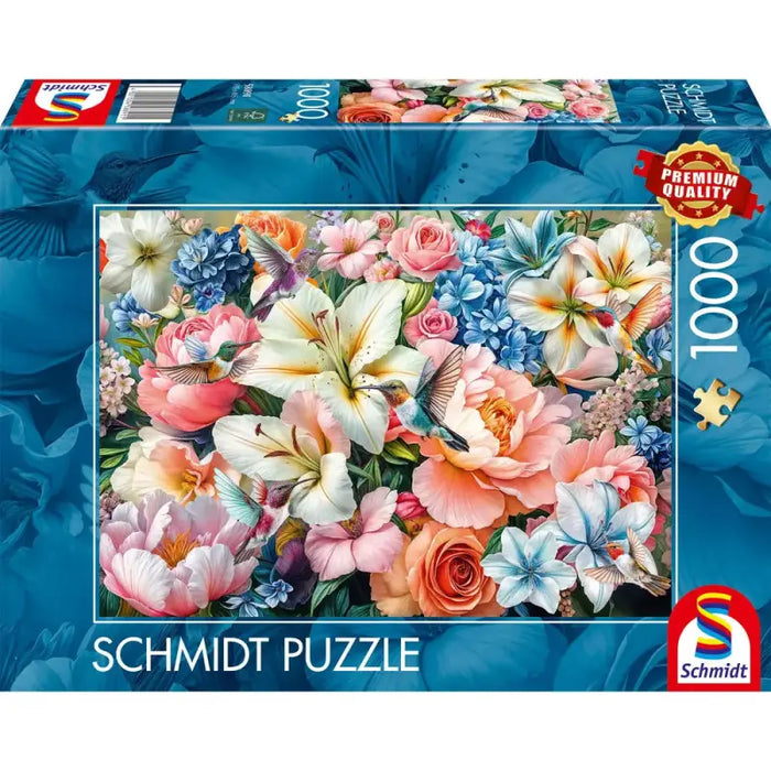 Schmidt 1000 gabaliņu puzle ar krāsainiem ziediem un kolibri putniem, 69x49 cm izmērā.