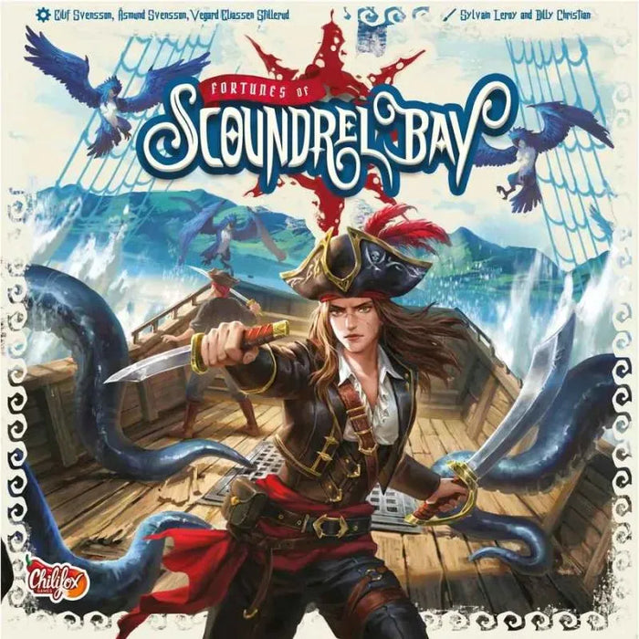 Fortunes of Scoundrel Bay galda spēles kaste ar pirātu kapteini, zobeniem un jūras briesmoņa taustekļiem uz klāja.
