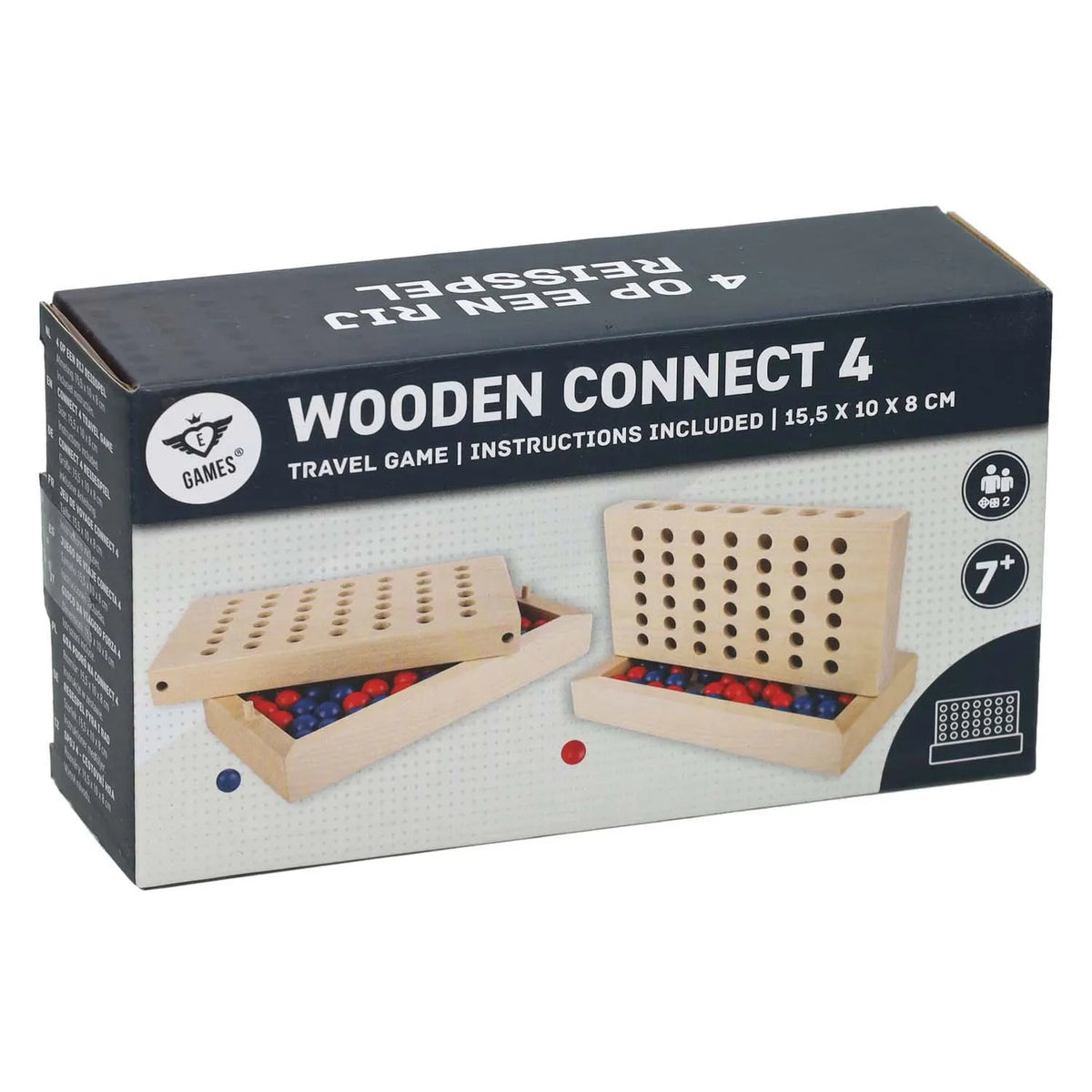 Koka galda spēle Četri rindā ar sarkanām un zilām koka figūriņām kompaktā 15,5x10x8 cm ceļojumu kastītē.