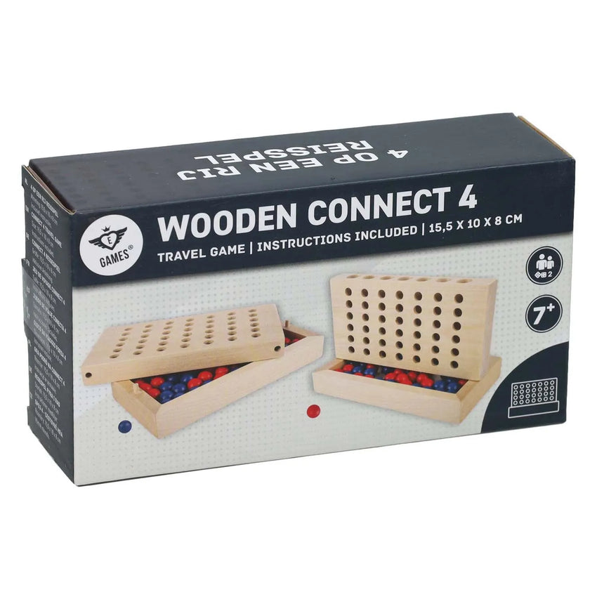 Koka galda spēle Četri rindā ar sarkanām un zilām koka figūriņām kompaktā 15,5x10x8 cm ceļojumu kastītē.